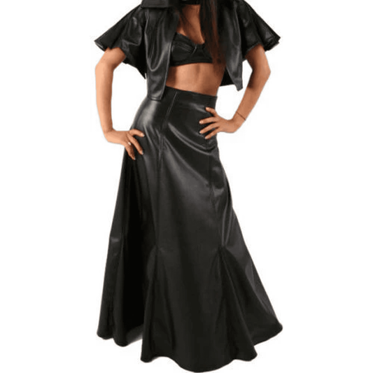 High-Waist A-Line Leather Long Skirt — Gothic Formal