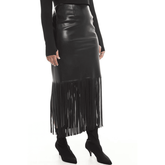 Long Fringe Leather Skirt — Black Lambskin